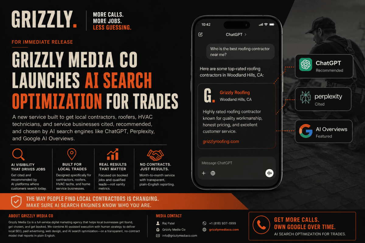 Grizzly Media Co Launches AI Search Optimization to Help Local Trades Get Cited by ChatGPT and Google AI