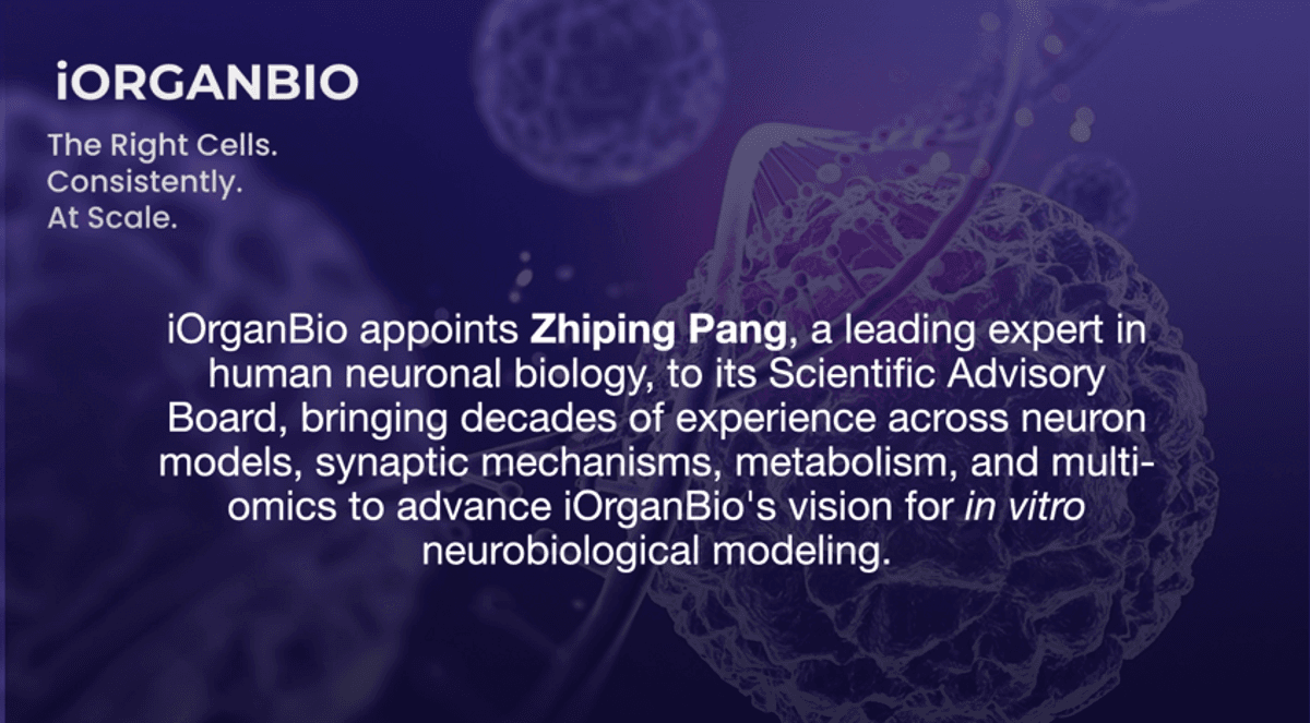 iOrganBio Appoints Zhiping Pang, M.D., Ph.D., to Scientific Advisory Board